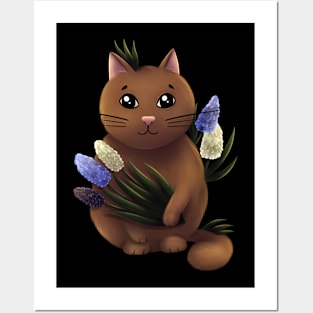 Cat with muscari flowers Posters and Art